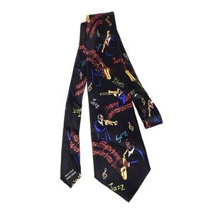 Rare UTOPIA Black Silk Tie music Blues Swing Salsa Jazz Band Trumpet Saxophone
